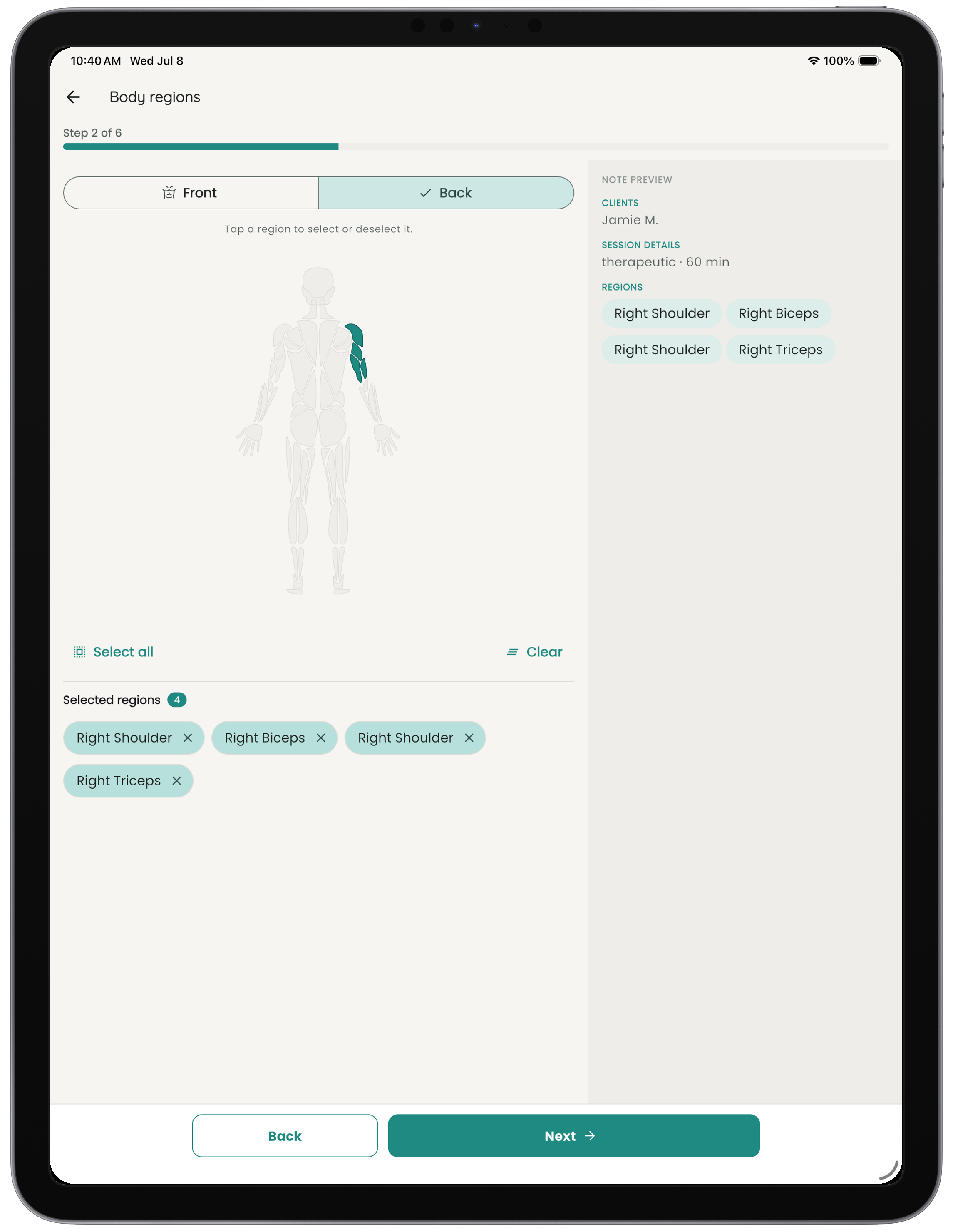 Interactive body region selector with a live note preview on iPad.