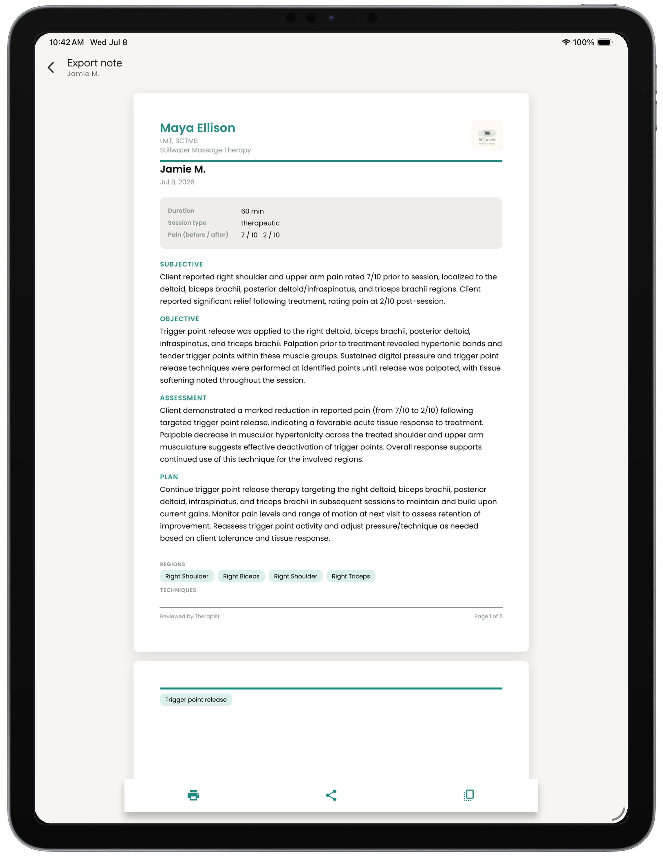 A finished, branded SOAP note PDF exported from Massage Scribe on iPad.
