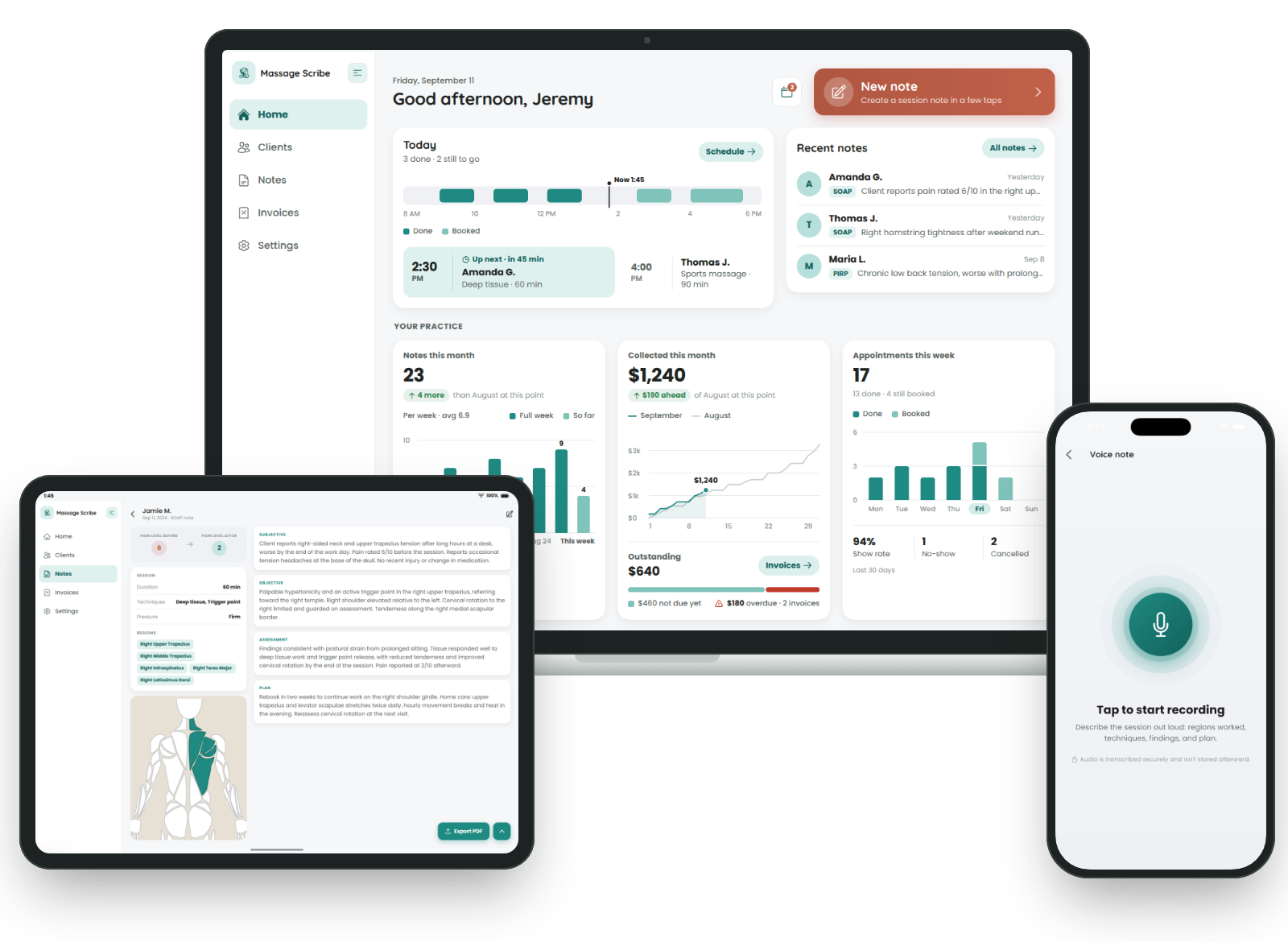 Massage Scribe on a laptop, tablet, and phone: the practice dashboard, a finished SOAP note with a body map, and voice recording.