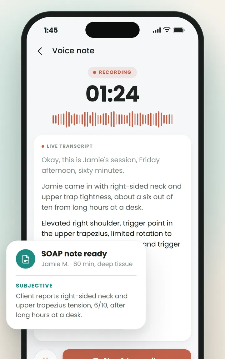 Recording a session by voice in Massage Scribe, with a live transcript and a SOAP note ready card.