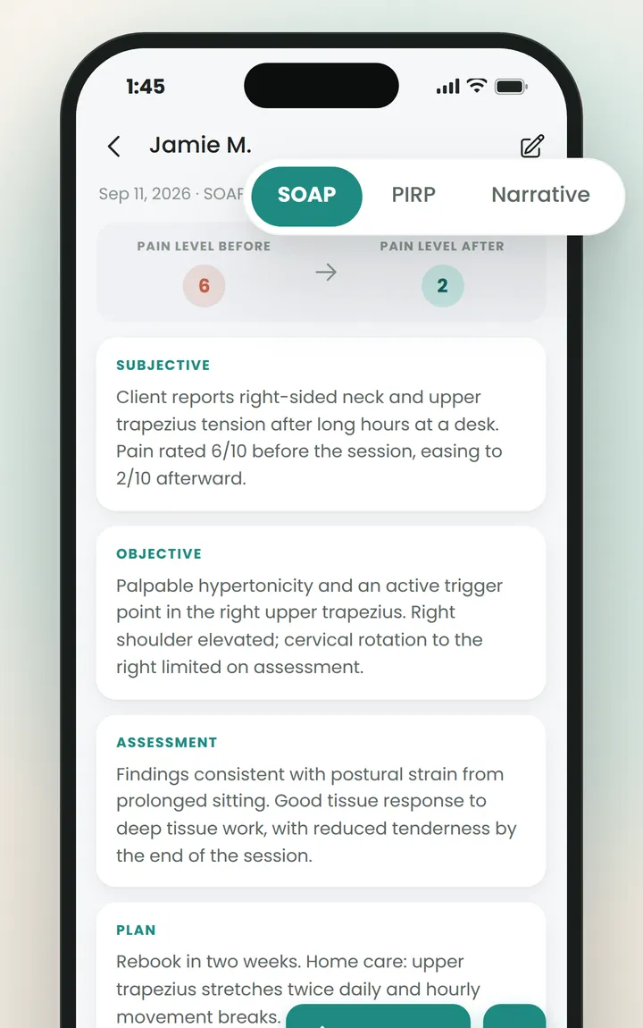 A finished SOAP note with a switch between SOAP, PIRP and Narrative formats.