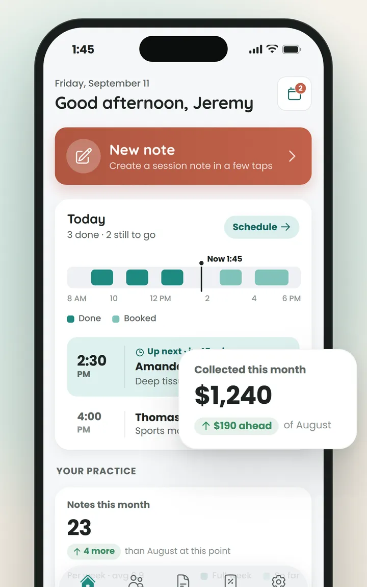 The Massage Scribe dashboard: today's schedule, recent notes and income collected this month.