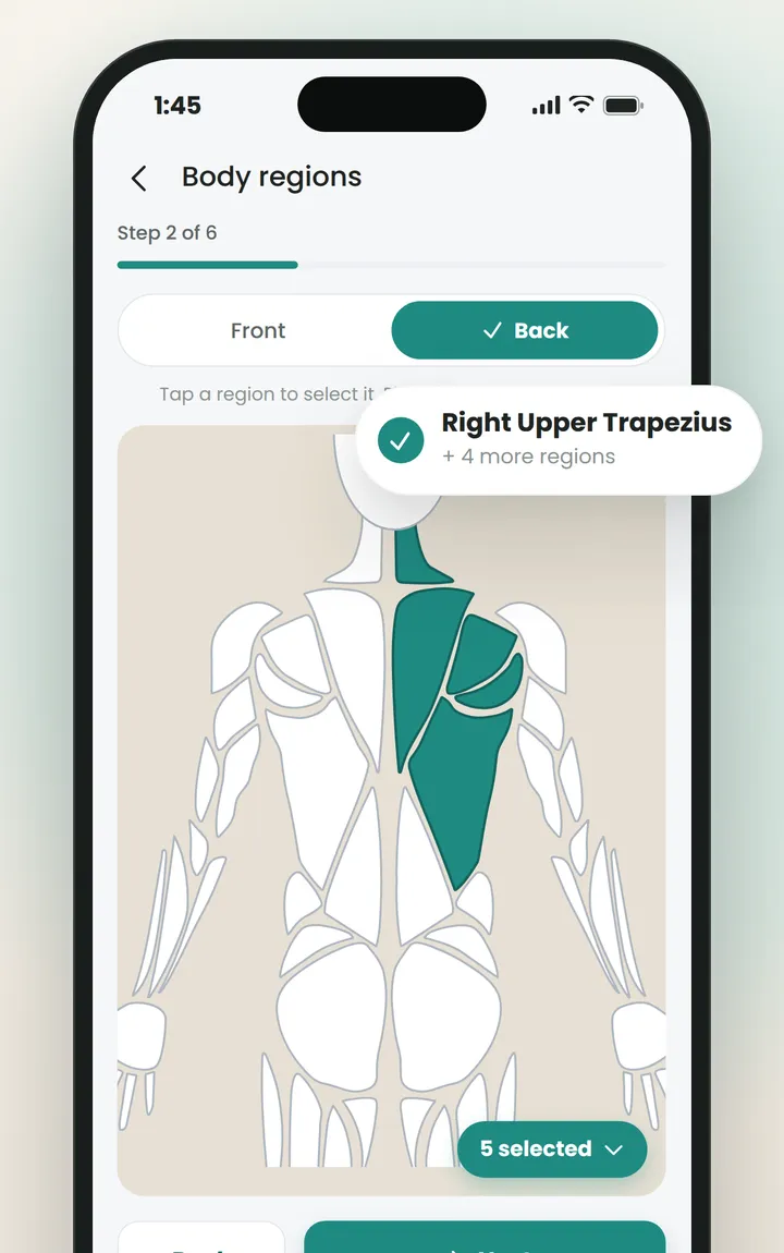 Interactive body map with the right upper trapezius and four more regions selected.