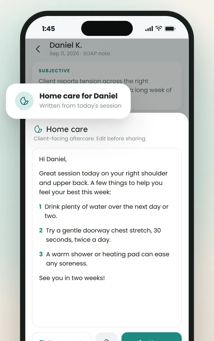 Personalized home care instructions written from the session note.