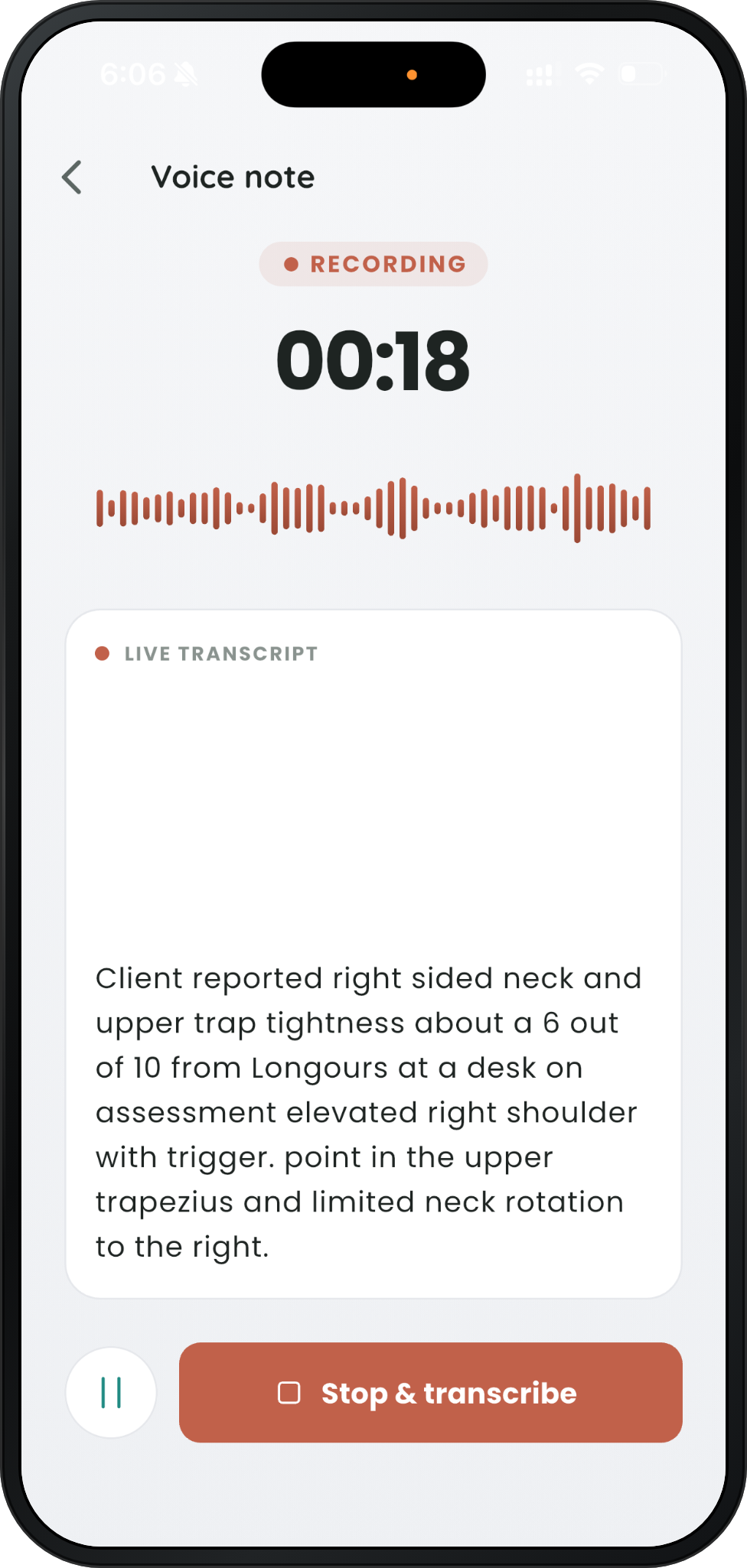 Massage Scribe recording a session by voice, with a live transcript appearing on an iPhone.
